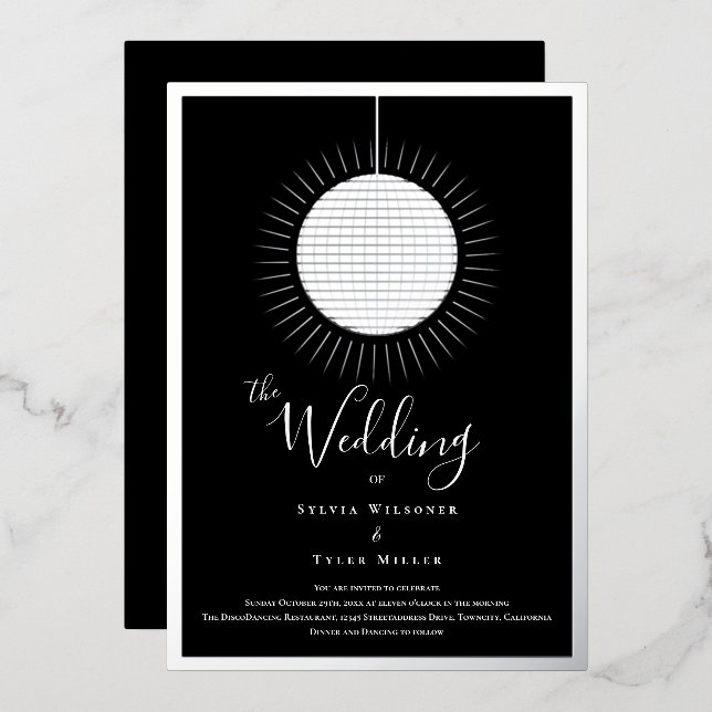 Invitation En Aluminium Disco Ball Black Silver Mariage (Recto/Verso)