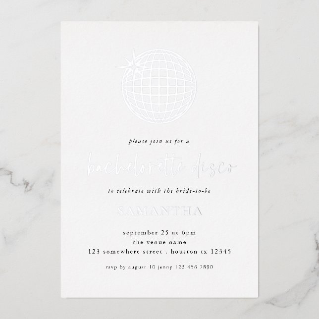 Invitation En Aluminium Disco Ball Script Bachelorette Party Real Foil Inv (Recto)