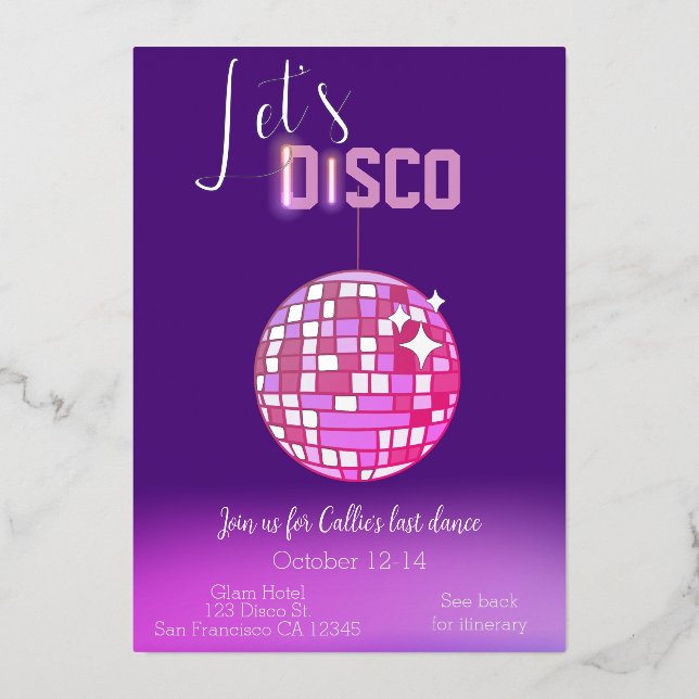 Invitation En Aluminium Disco Neon Bachelorette (Recto)
