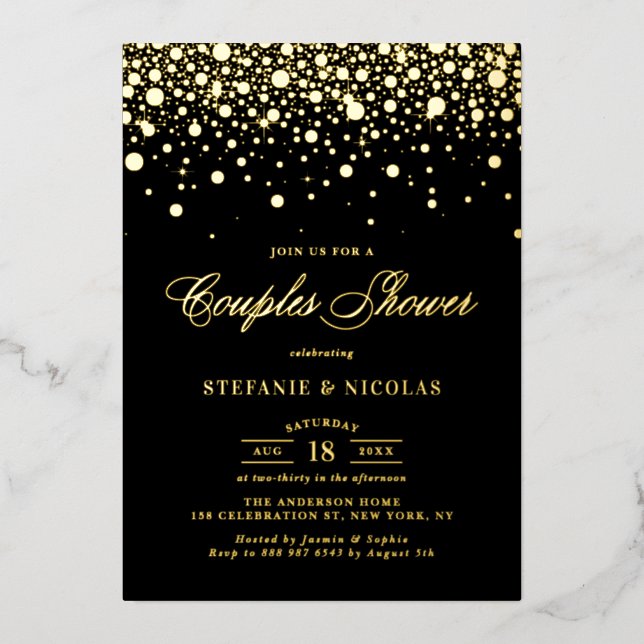 Invitation En Aluminium Dots Confetti Noir et Or Couples Douche (Recto)