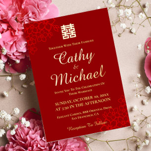Invitation En Aluminium Double bonheur fond floral mariage chinois