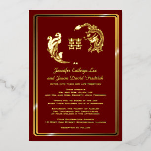 Invitation En Aluminium Double bonheur mariage or dragon phénix