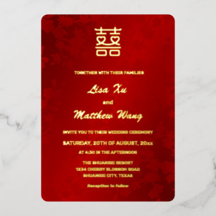 Invitation En Aluminium Double Coeur Bonheur Rouge Or Mariage chinois
