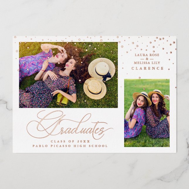 Invitation En Aluminium Double Graduation Luxury Rose Gold 2 Photos Stars (Recto)