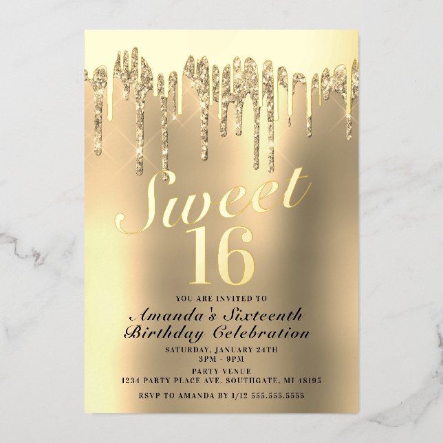 Invitation En Aluminium Douceur d'or 16 Anniversaire réel (Recto)