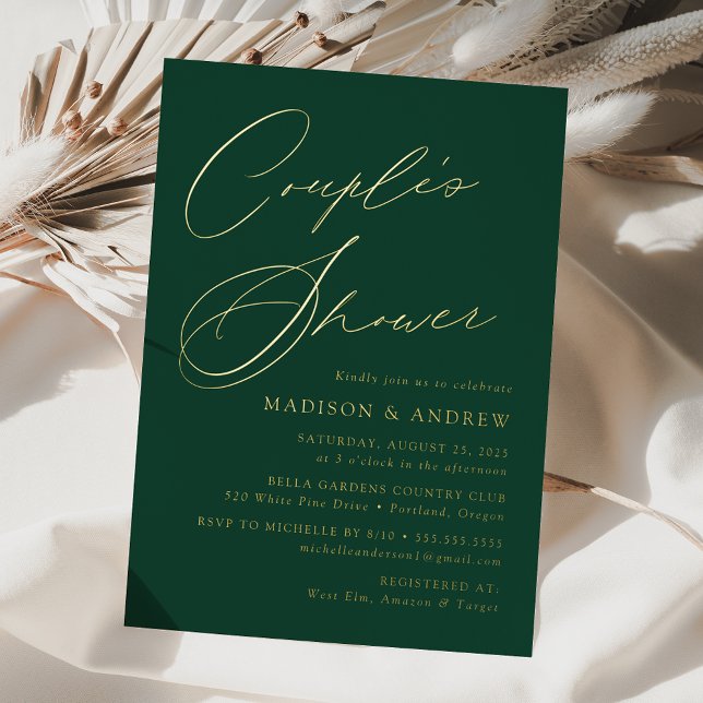 Invitation En Aluminium Douche moderne Elegant Green et Gold Couple (Créateur téléchargé)