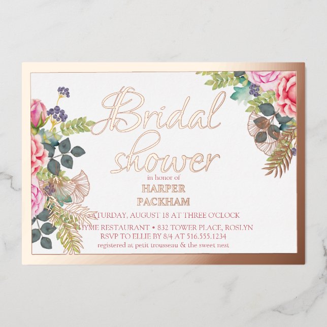 Invitation En Aluminium Douche rose de nage fleurie en feuille d'or (Recto)