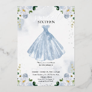 Invitation En Aluminium Doux 16 Aquarelle Fleurs Robe Bébé Bleu Argent