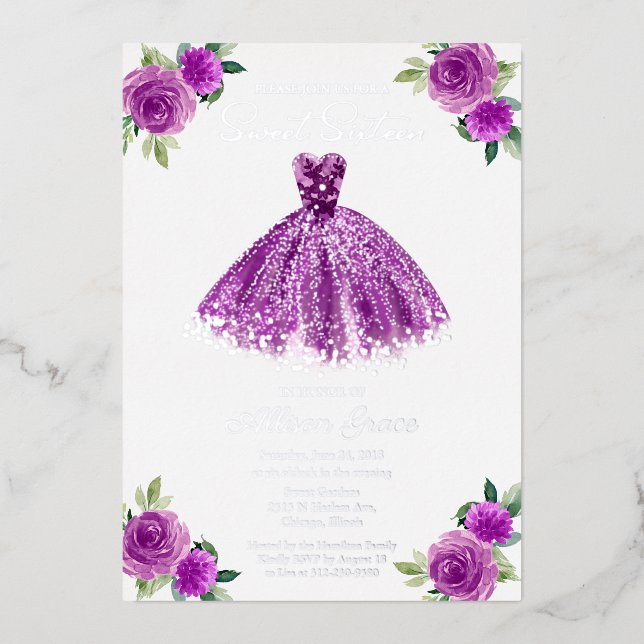 Invitation En Aluminium Doux 16 Aquarelle Florale Purple Gown Argent (Recto)