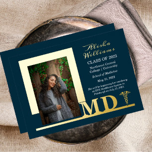 Invitation En Aluminium Dr MD Caduceus Photo Graduate Dk Turquoise