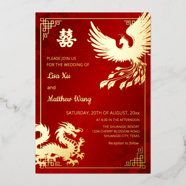 Invitation En Aluminium Dragon BILINGUE Et Phénix | Mariage chinois (Recto)
