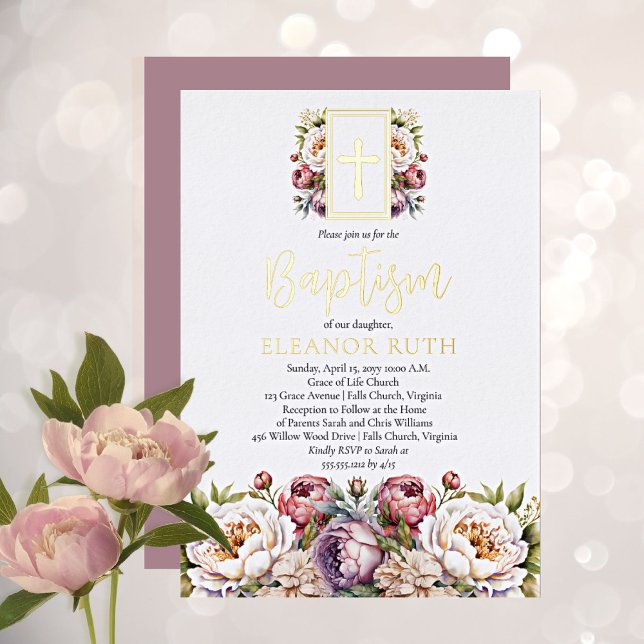 Invitation En Aluminium Dusky Lavender Blossoms Girl Floral Baptism (Créateur téléchargé)