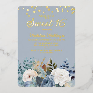 Invitation En Aluminium Dusty Bleu Blanc Floral Or Parties scintillant Swe