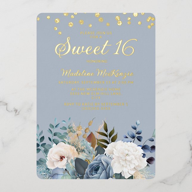 Invitation En Aluminium Dusty Bleu Blanc Floral Or Parties scintillant Swe (Recto)