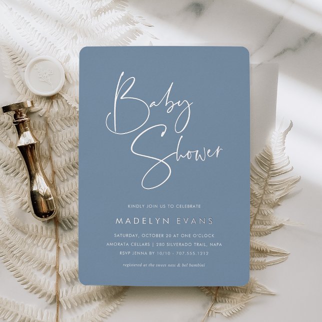 Invitation En Aluminium Dusty Blue | Baby shower de script minimaliste mod (Créateur téléchargé)