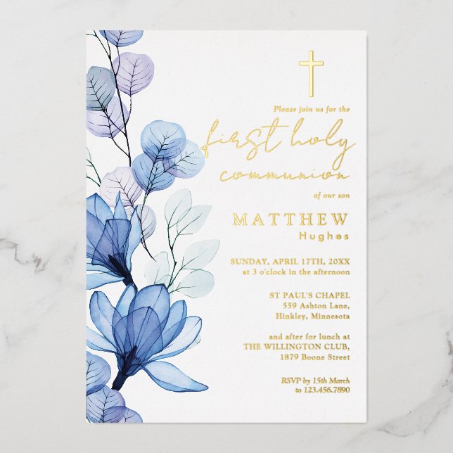 Invitation En Aluminium Dusty Blue Floral First Holy Communion Gold (Recto)