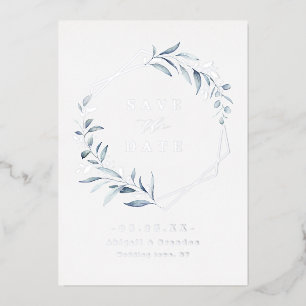Invitation En Aluminium Dusty Blue Greenery Argent Géométrique Enregistrer