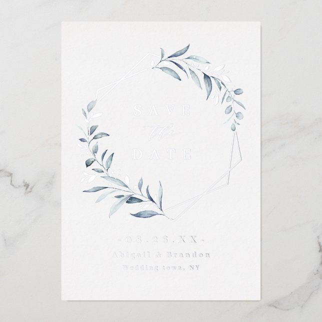 Invitation En Aluminium Dusty Blue Greenery Argent Géométrique Enregistrer (Recto)
