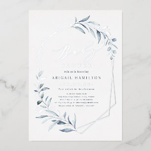 Invitation En Aluminium Dusty Blue Greenery Baby shower argenté rustique