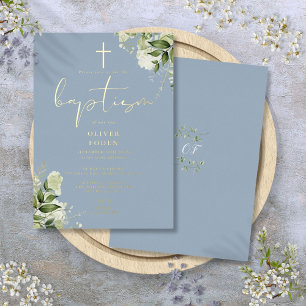 Invitation En Aluminium Dusty Blue Greenery Monogramme Baptême Or