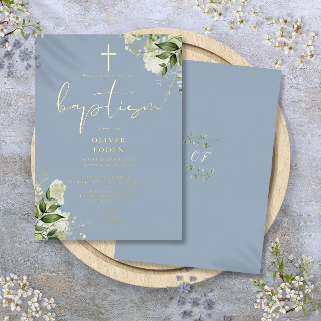 Invitation En Aluminium Dusty Blue Greenery Monogramme Baptême Or (Dusty Blue Greenery Monogram Baptism Gold Foil Invitation)