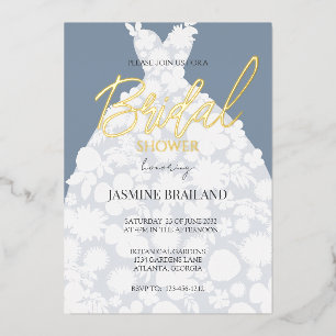 Invitation En Aluminium Dusty Blue Moderne Floral Gown Fête des mariées Or