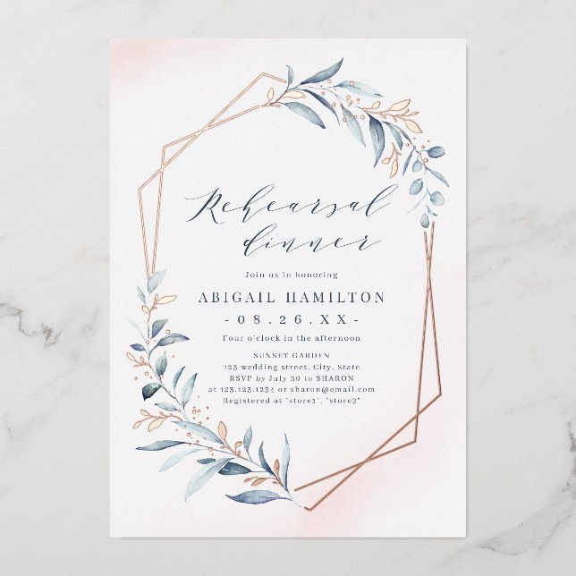 Invitation En Aluminium Dusty Blue Rose Gold Rustic Rehearer Dîner (Recto)