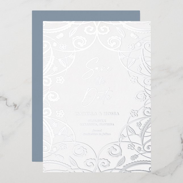 Invitation En Aluminium Dusty Blue Silver Floral Leaf Mariage dentelle (Recto/Verso)