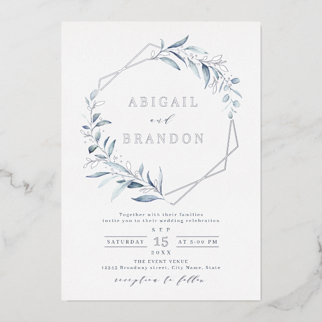 Invitation En Aluminium Dusty Greenery Silver Mariage géométrique Rustique (Recto)