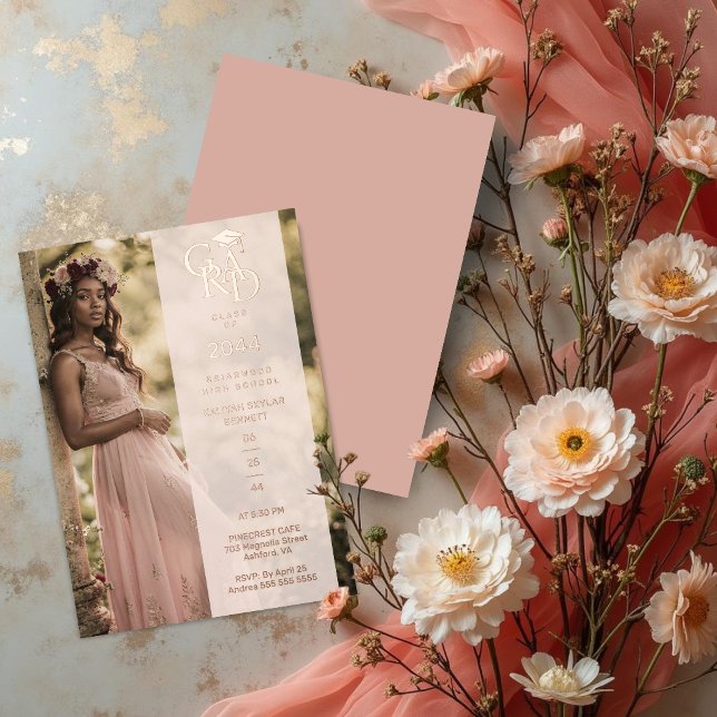 Invitation En Aluminium Dusty Pink Stylish Photo Graduation Party TMF26 (Pink Tones Stylish Photo Graduation Party Rose Gold Metallic Foil Invitation with Elegant Overlay.)