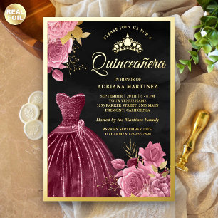 Invitation En Aluminium Dusty rose floral gomme noire Quinceanera or