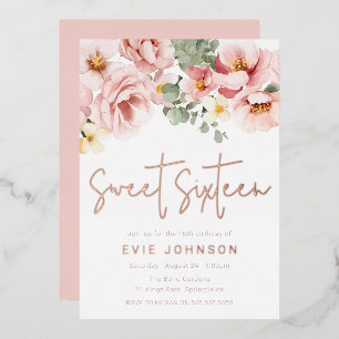 Invitation En Aluminium Dusty Rose Floral Sweet 16 Rose de fête Or