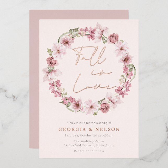 Invitation En Aluminium Dusty Rose Floral Wreath Fall In love Mariage (Recto/Verso)