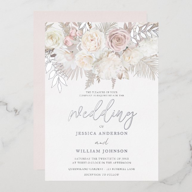 Invitation En Aluminium Dusty Rose & Ivory Boho Mariage Argent (Recto/Verso)