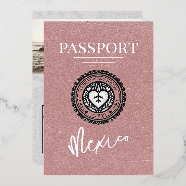 Invitation En Aluminium Dusty Rose Mexique Mariage de passeport (Recto/Verso)