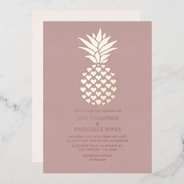 Invitation En Aluminium Dusty Rose & Rose Gold Tropical Pineapple Wedding (Recto/Verso)