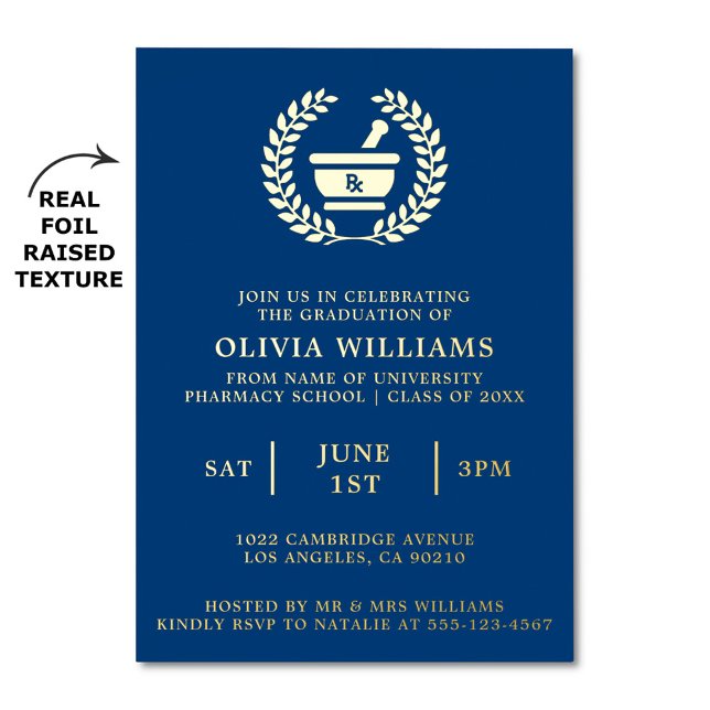 Invitation En Aluminium École De Pharmacie Marine Et Gold Graduation Party (Pharmacy school graduation party invitation with real foil raised texture)