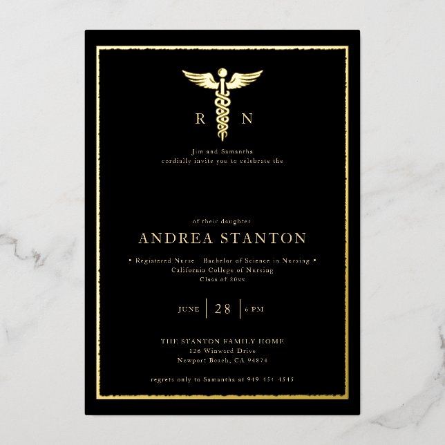 Invitation En Aluminium Ecole d'infirmière diplômée Gold Frame Caduceum No (Recto)