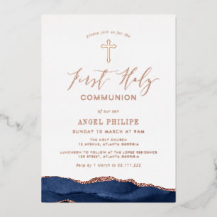 Invitation En Aluminium écriture agate bleue première communion