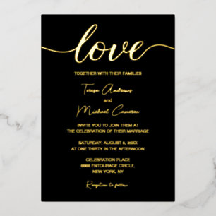Invitation En Aluminium Écriture d'amour typographique moderne or noir élé