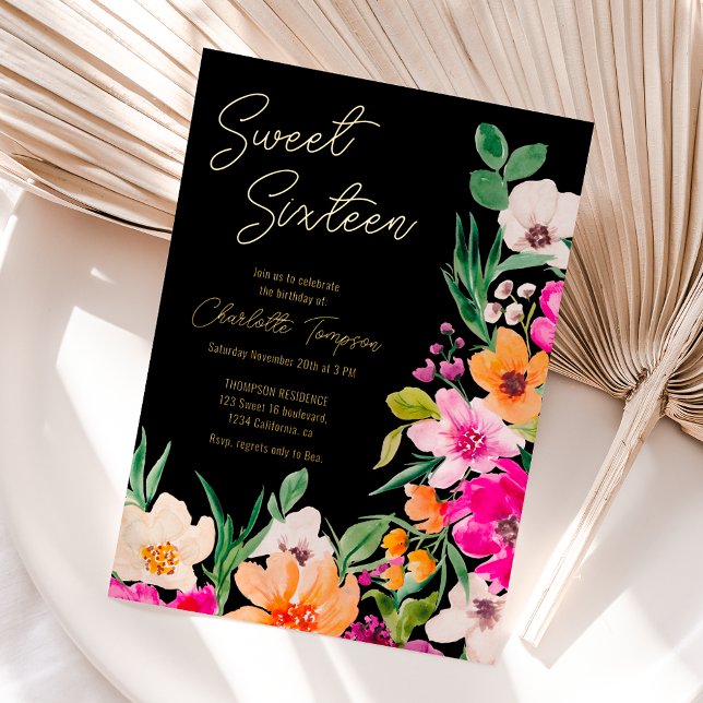 Invitation En Aluminium Écriture de fleurs sauvages brillantes Sweet 16 (Bright bold wild flowers script Sweet 16 Foil Invitation)
