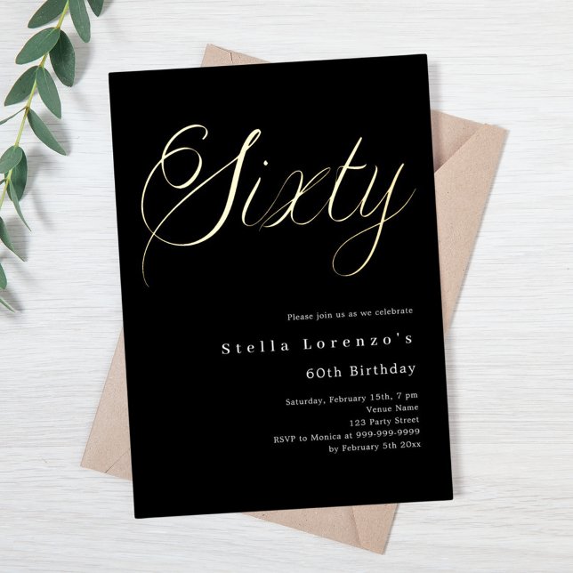 Invitation En Aluminium Écriture en or noir luxe 60e anniversaire (Créateur téléchargé)