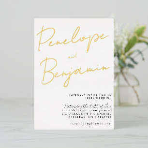 Invitation En Aluminium Écriture manuscrite chic moderne Mariage blanc or