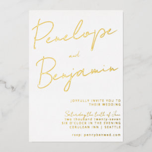 Invitation En Aluminium Écriture manuscrite moderne de mariage or et blanc