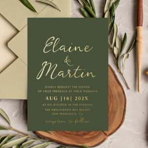 Invitation En Aluminium écriture or vert olive mariage