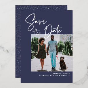 Invitation En Aluminium Écriture stylée Photo de mariage Navy & Argent