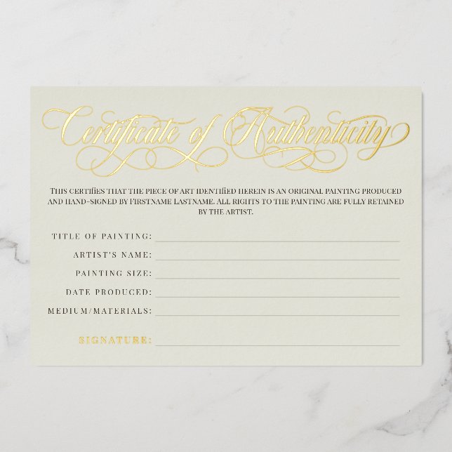 Invitation En Aluminium Eggshell Gold Swirls Certificat d'authenticité (Recto)
