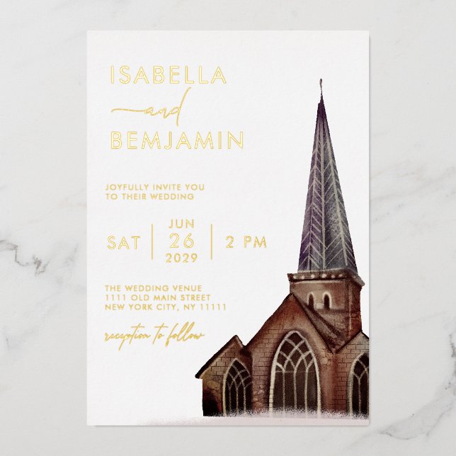 Invitation En Aluminium Église aquarelle classique Mariage religieux (Recto)