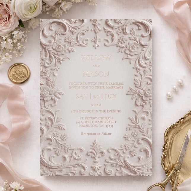 Invitation En Aluminium Élégance Baroque Rose Gold Mariage Rougeur (Baroque Elegance Blush Rose Gold Wedding Foil Invitation)