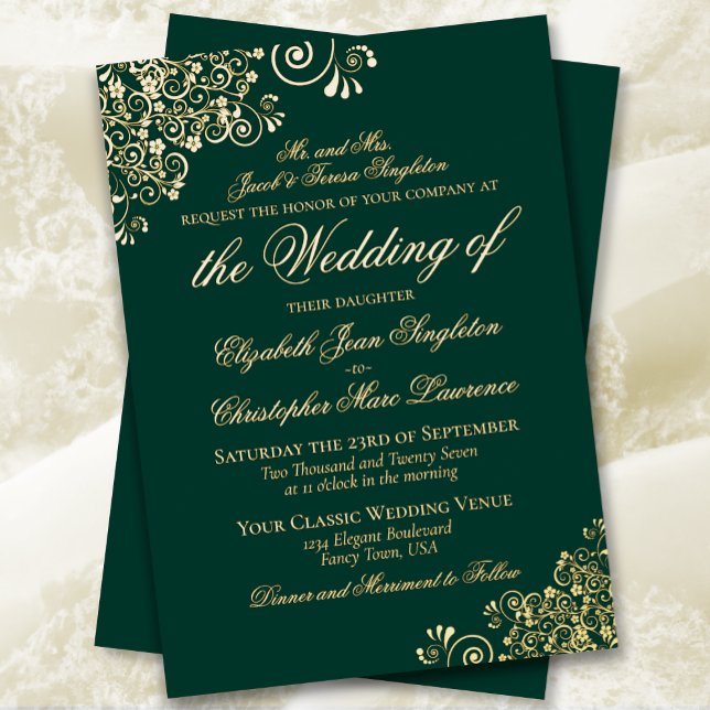 Invitation En Aluminium Élégance classique Émeraude Vert Forme Mariage Or (Créateur téléchargé)